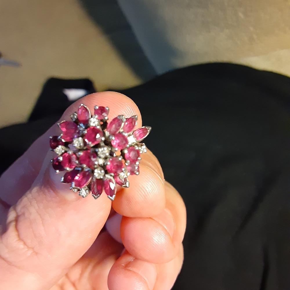 Vintage Platinum Band Ruby Cluster Cocktail Ring Mid Century